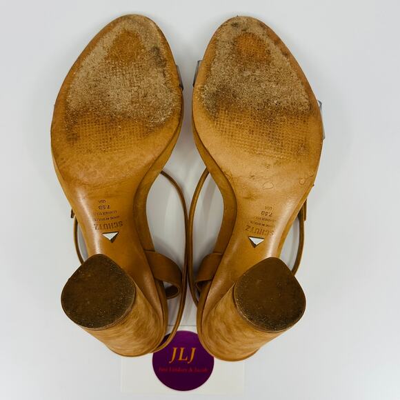 Schutz Women's Geisy Toasted Nut Suede Illusion Ankle Strap Block Heels Size 7.5 - Picture 10 of 11